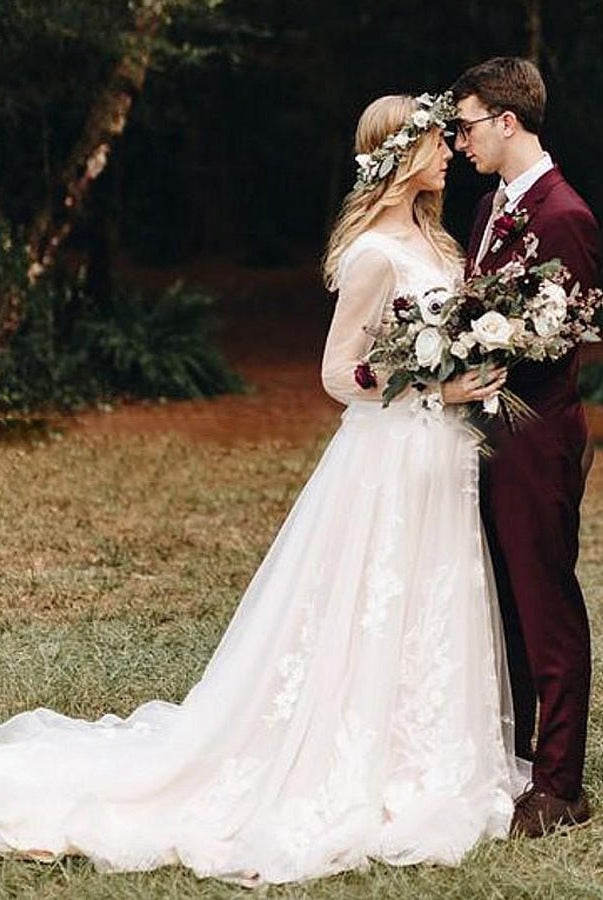 Long Bohemian Wedding Dresses Illusion Sleeves V Neck Back