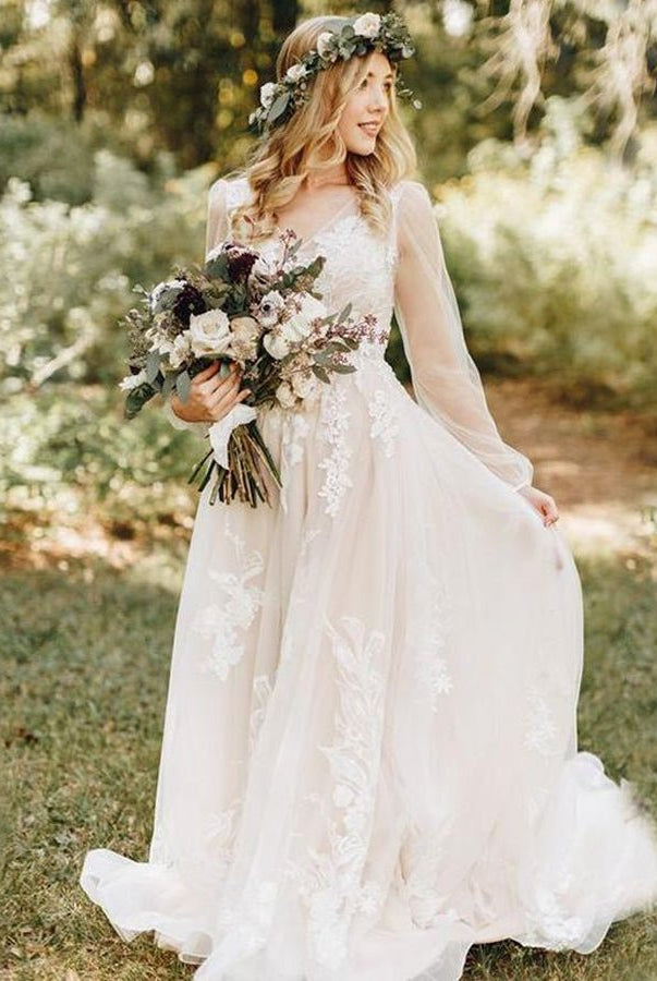 Long Bohemian Wedding Dresses Illusion Sleeves V Neck Back