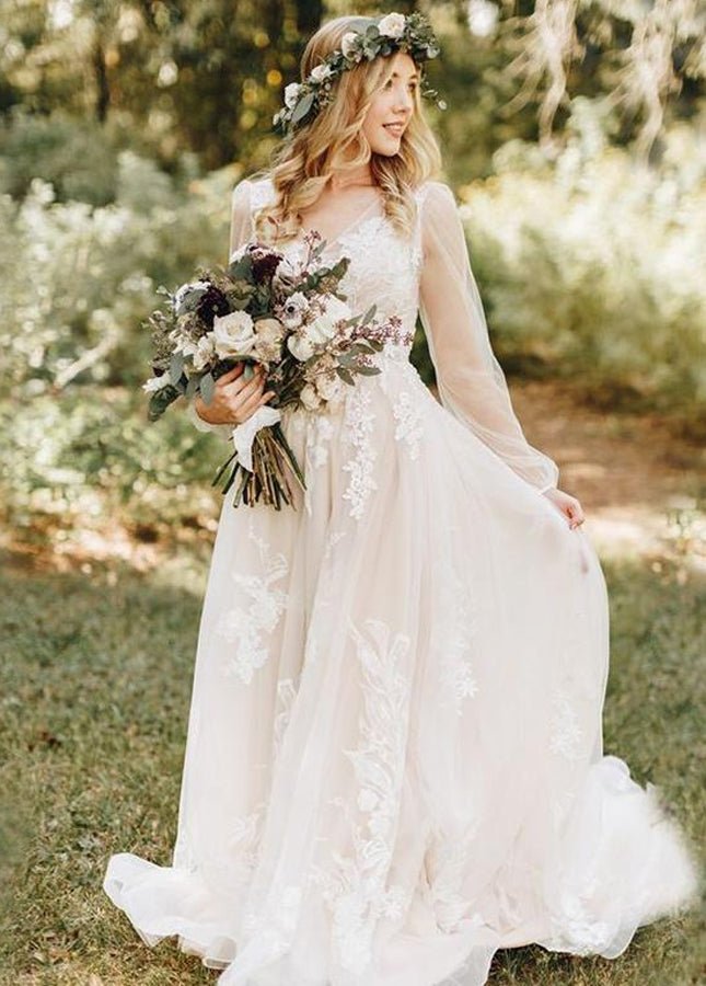 Long Bohemian Wedding Dresses Illusion Sleeves V Neck Back
