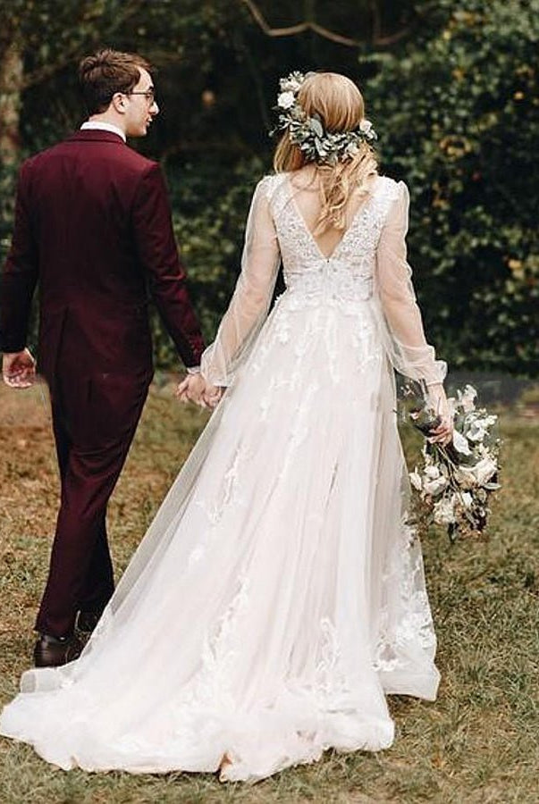 Long Bohemian Wedding Dresses Illusion Sleeves V Neck Back