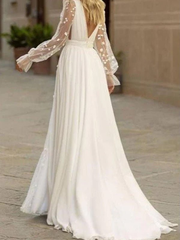 Long Sleeve Boho Flowy Wedding Dress Lace A - Line V - Neck Beach Gown with Split Front and Sweep Train - KissProm