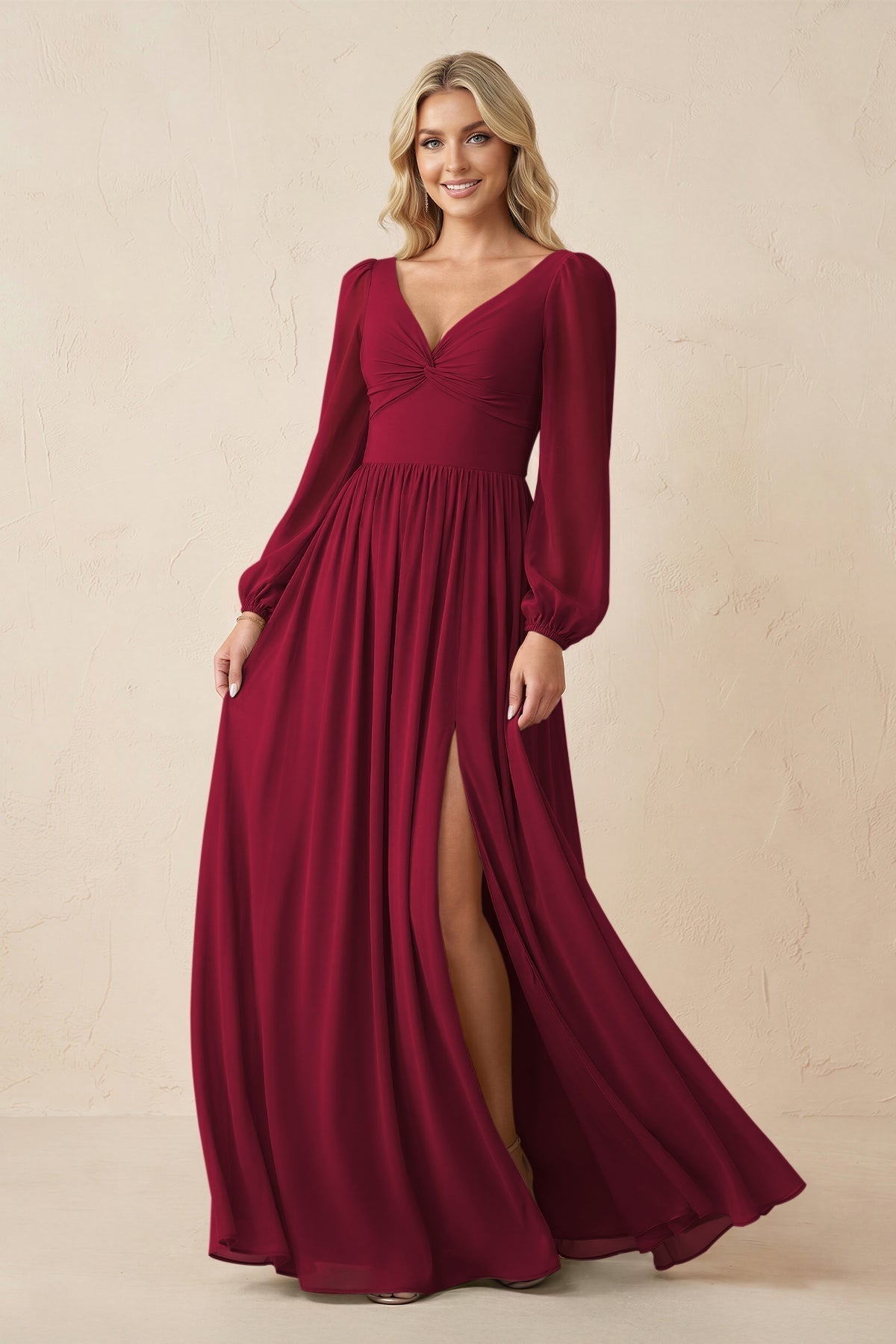 KissProm Long Sleeve V-Neck A-Line Chiffon Bridesmaid Dress in Berry, Berry / 26