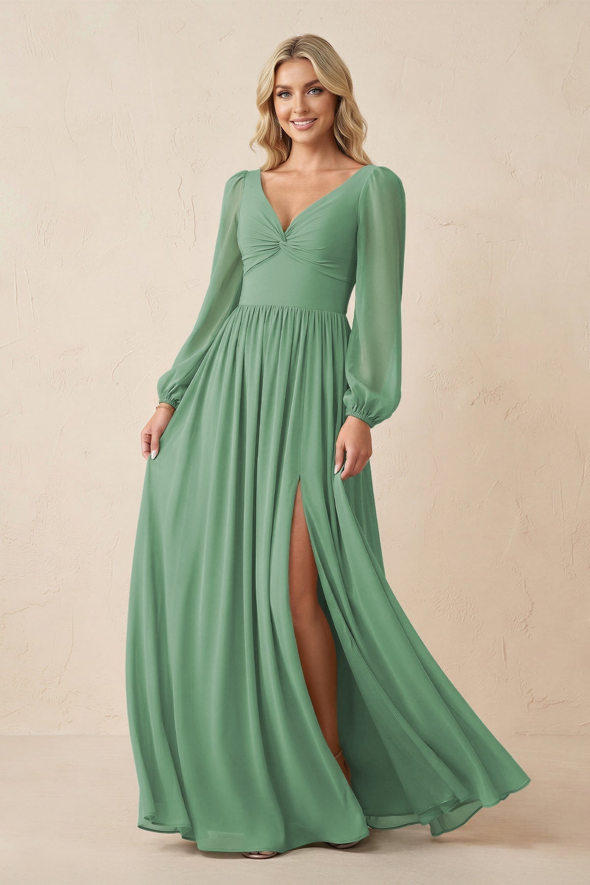 KissProm Long Sleeve V-Neck A-Line Chiffon Bridesmaid Dress in Sea Glass, Sea Glass / 16