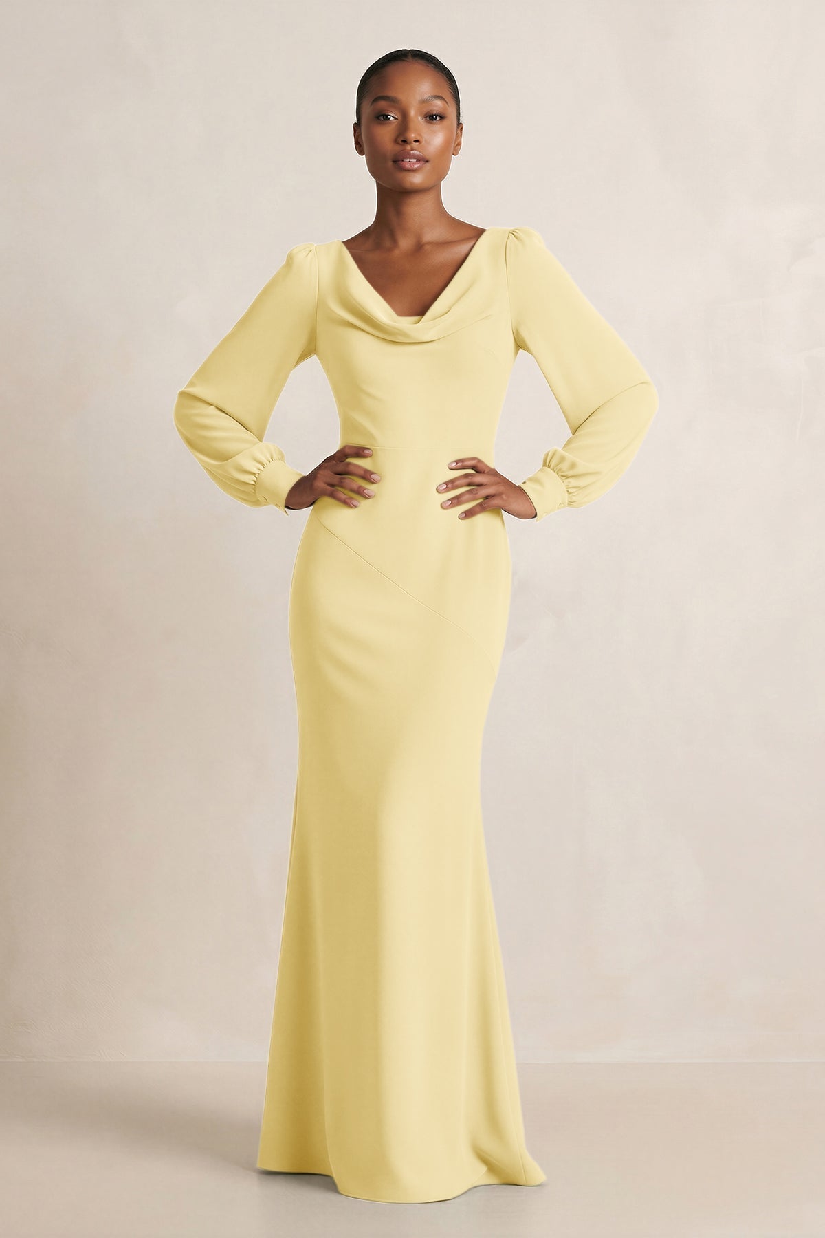 KissProm Long Sleeve V-Neck Sheath Chiffon Bridesmaid Dress in Pastel Yellow, Pastel Yellow / 14