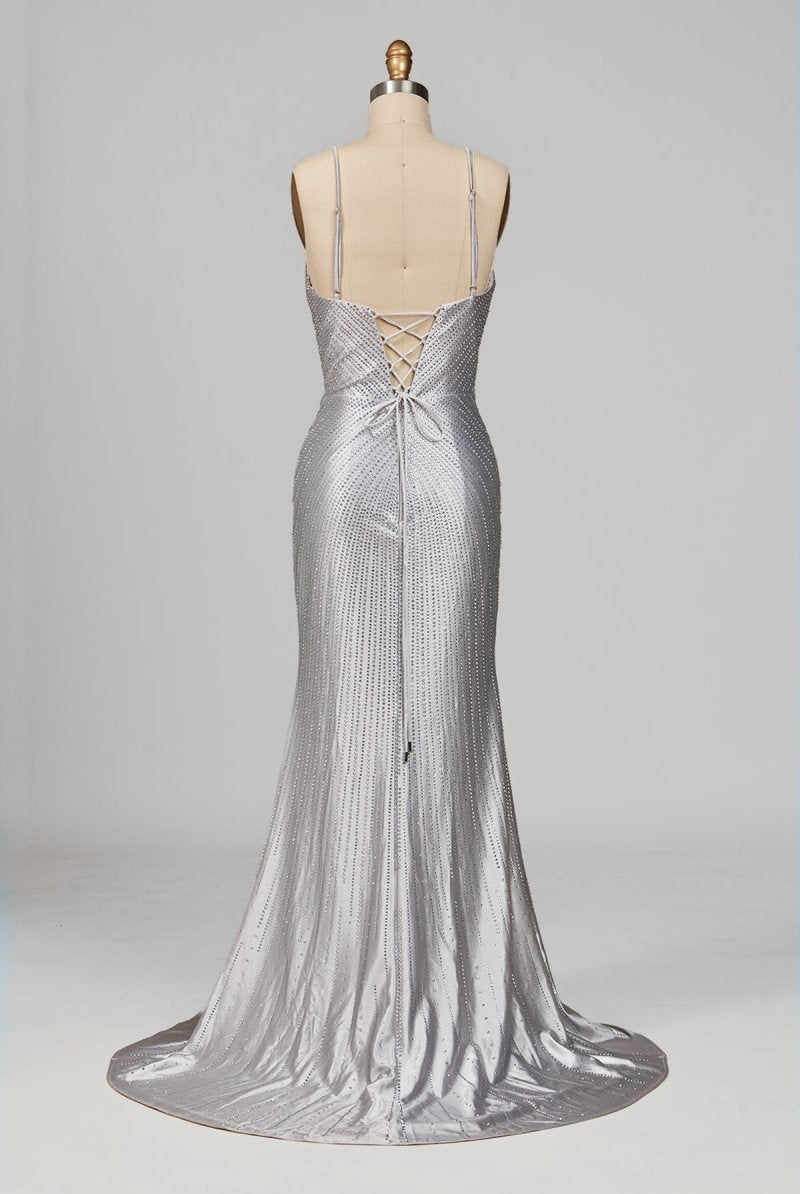 Loria | Silver - V Neck Mermaid Satin Beaded Long Formal Prom Dresses With Slit - KissProm