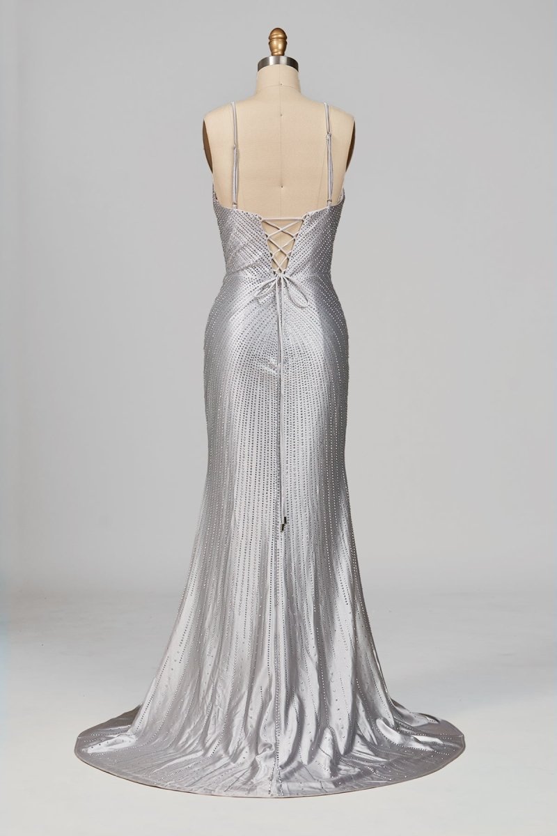 Loria | Silver - V Neck Mermaid Satin Beaded Long Formal Prom Dresses With Slit - KissProm