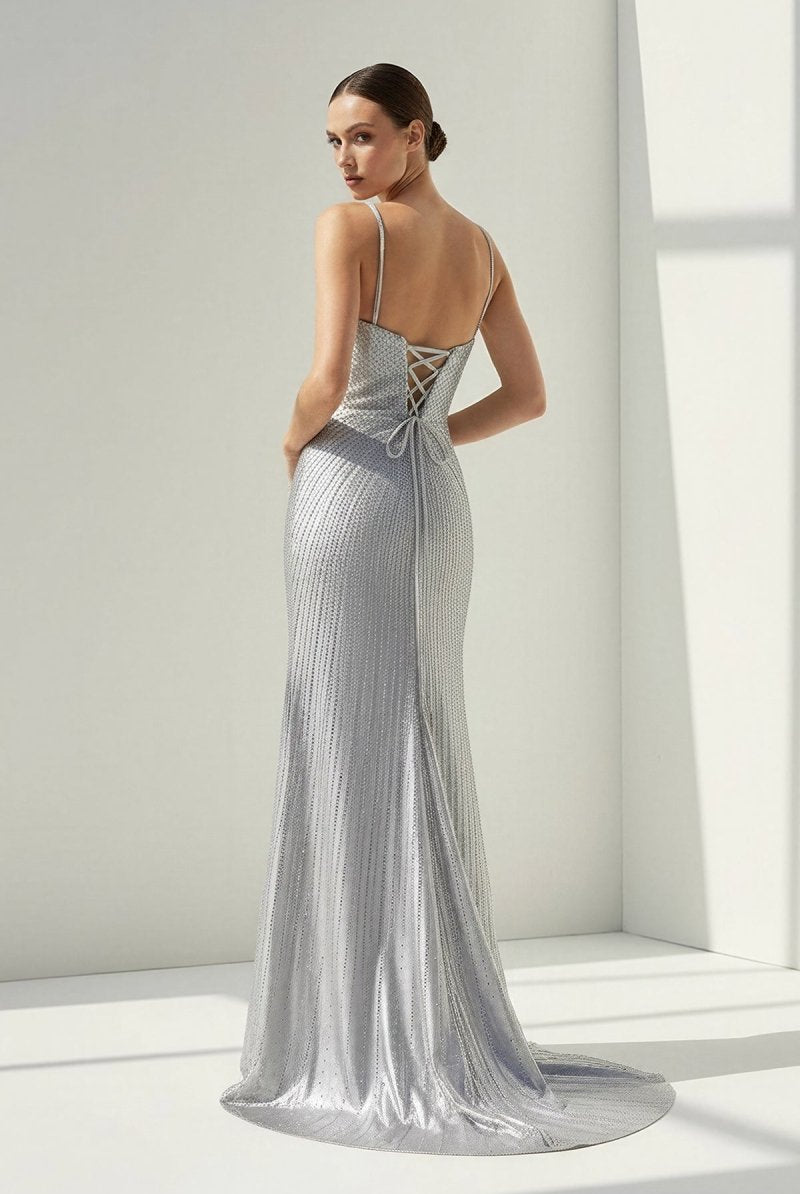 Loria | Silver - V Neck Mermaid Satin Beaded Long Formal Prom Dresses With Slit - KissProm