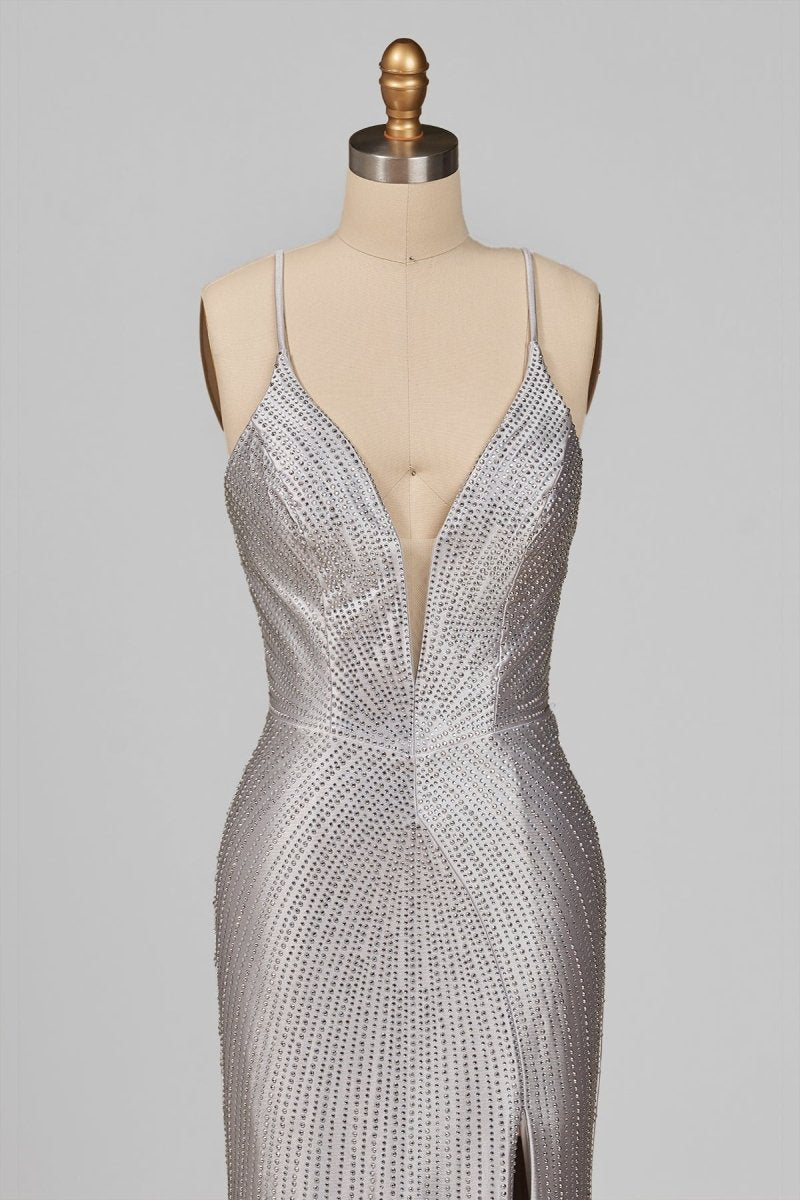 Loria | Silver - V Neck Mermaid Satin Beaded Long Formal Prom Dresses With Slit - KissProm