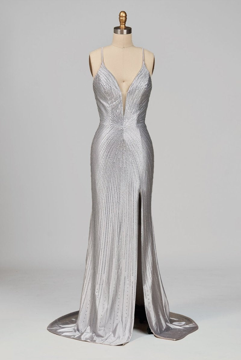 Loria | Silver - V Neck Mermaid Satin Beaded Long Formal Prom Dresses With Slit - KissProm