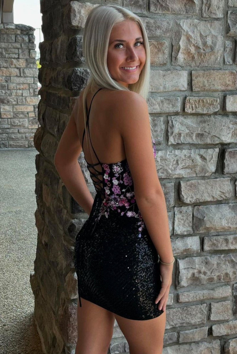 Lorielle | Black - Sweetheart Sequins Short Bodycon Homecoming Dresses With Appliques