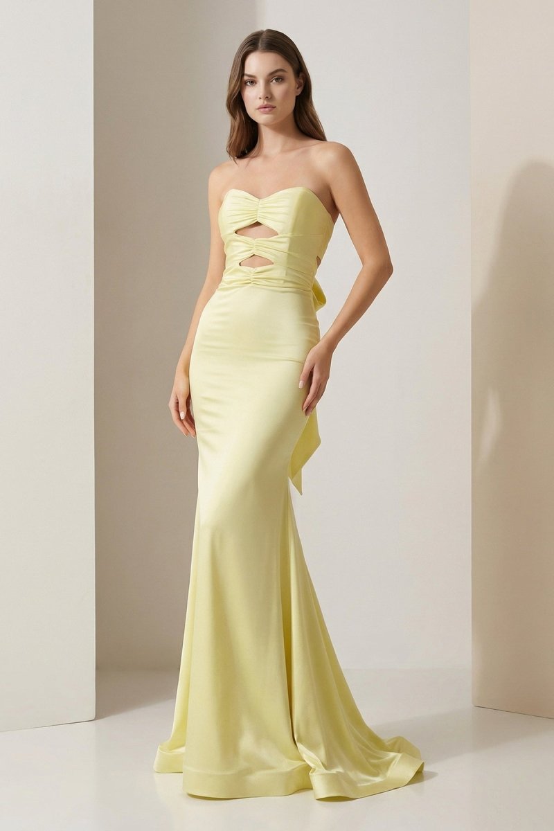 Lorisse | Yellow - Strapless Mermaid Satin Formal Prom Dresses With Cutout - KissProm