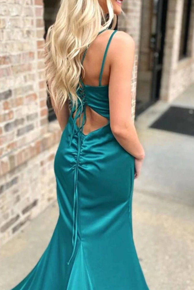 Loula | Pink Spaghetti Straps Satin Mermaid Long Prom Dress With Split