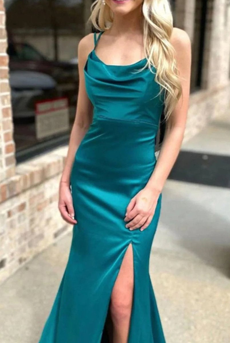 Loula | Pink Spaghetti Straps Satin Mermaid Long Prom Dress With Split