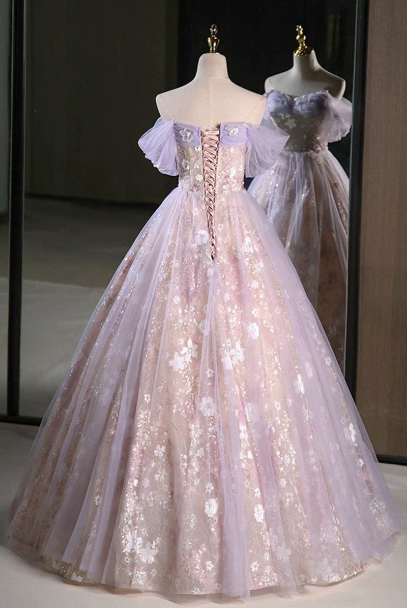 Lucasta | Lilac Off The Shoulder Tulle A Line Prom Dress With Appliques