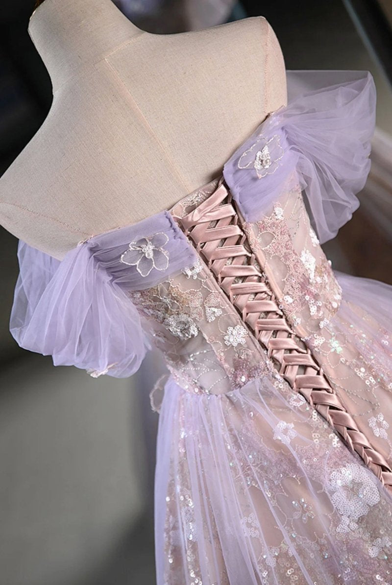 Lucasta | Lilac Off The Shoulder Tulle A Line Prom Dress With Appliques