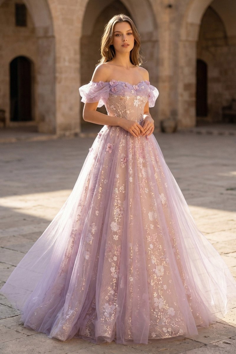 KissProm Lilac Off The Shoulder Tulle A Line Prom Dress With Appliques, Lilac / 16