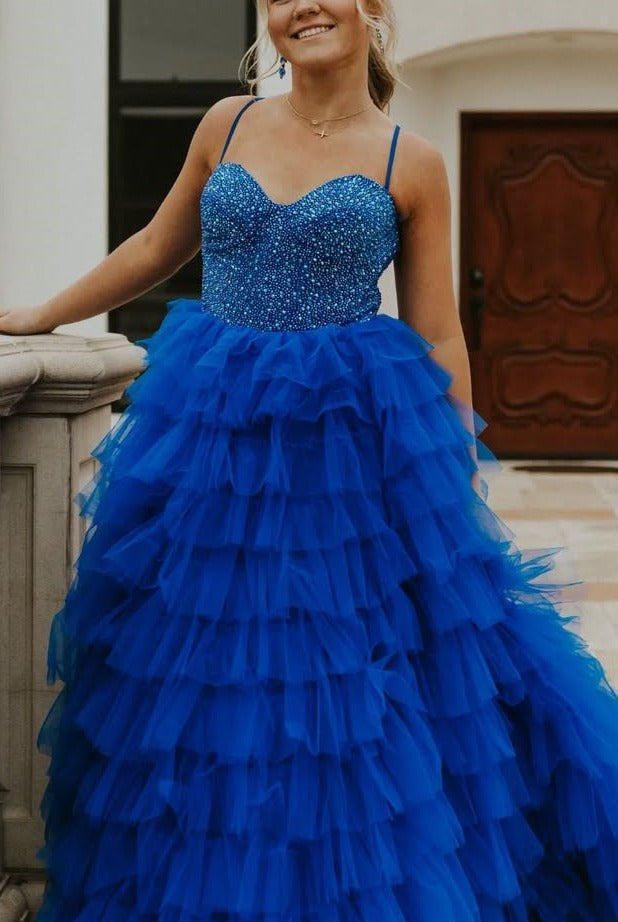 Lucely | Spaghetti Straps Sweetheart Layered Tulle Formal Prom Dress with Slit - KissProm