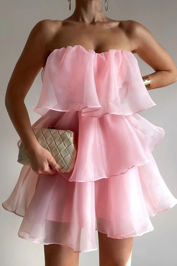 Luceris | Pink - Strapless Chiffon Ruffles A Line Short Homecoming Dresses