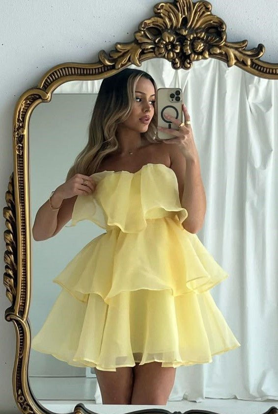 Luceris | Yellow - Strapless Chiffon Ruffles A Line Short Homecoming Dresses