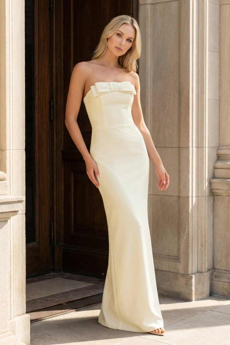 KissProm Yellow Strapless Sheath Satin Long Formal Prom Dresses With Bow, Sky Blue / 6