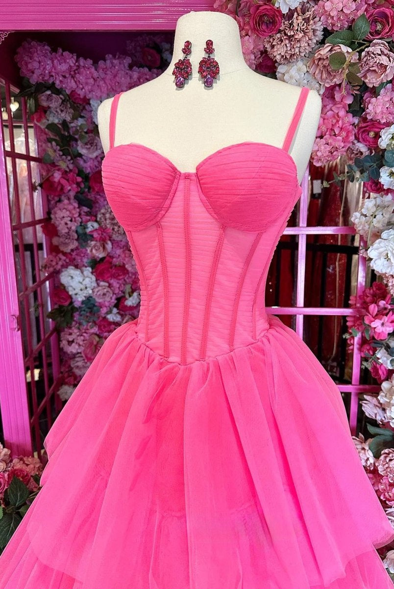 Lula | Hot Pink Ball Gown Tiered Tulle Long Prom Dress - KissProm