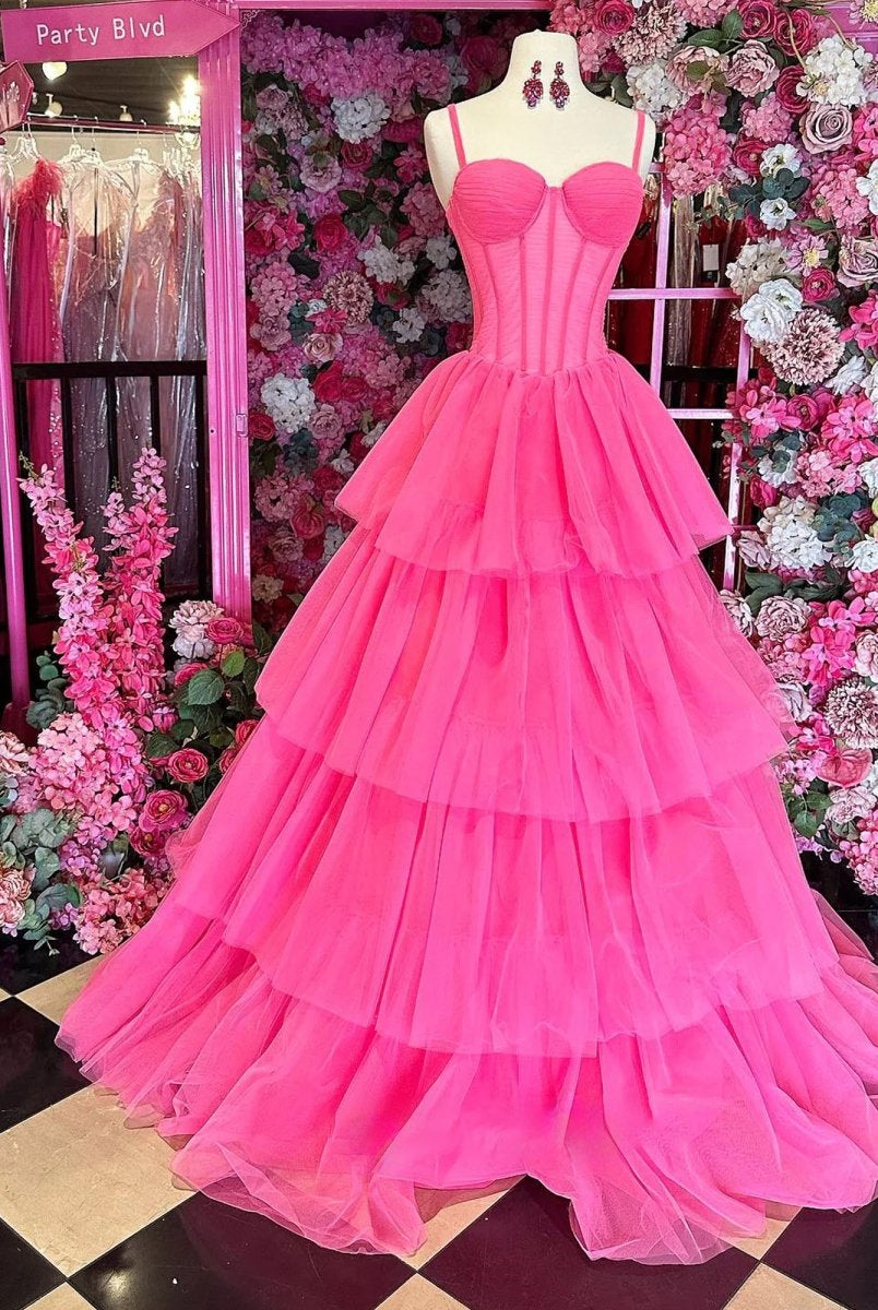 Lula | Hot Pink Ball Gown Tiered Tulle Long Prom Dress - KissProm