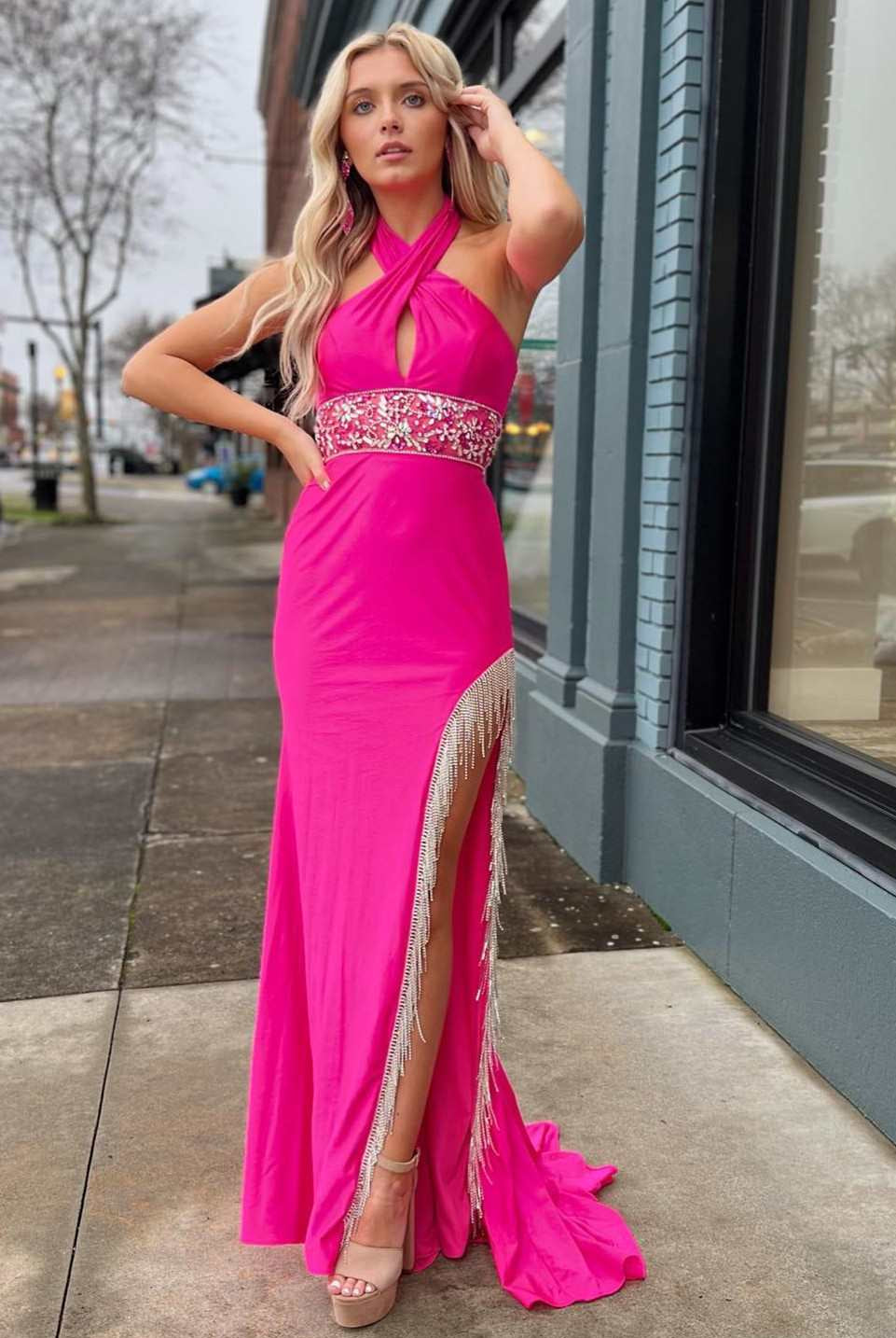 Lulie | Cross - Front Beaded Fringe Long Prom Dress with Slit - KissProm