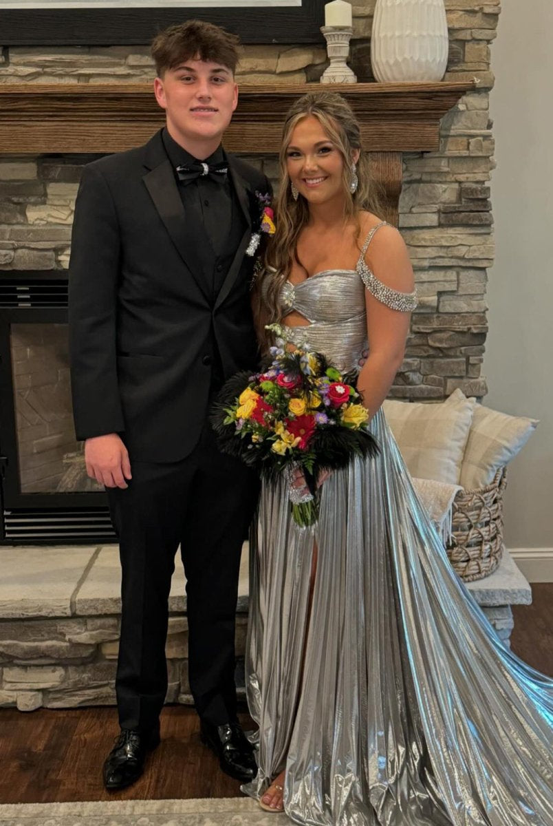 Lulu | Off the Shoulder Gold A-Line Metallic Pleated Long Formal Gown