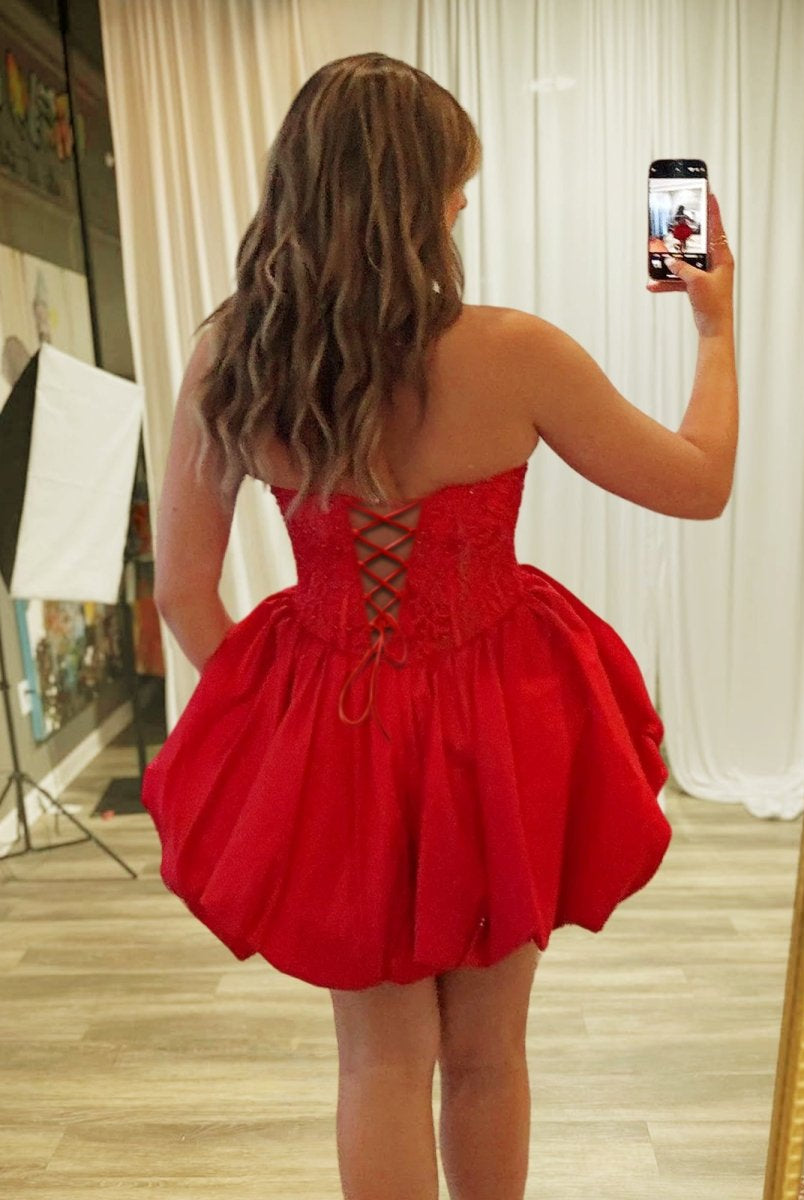 Luma | Red - A Line Strapless Corset Beaded Bubble Hem Homecoming Dress with Choker
