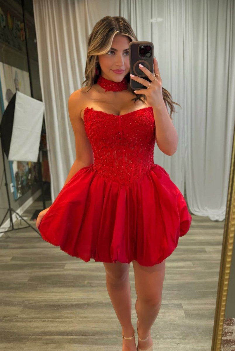 Luma | Red - A Line Strapless Corset Beaded Bubble Hem Homecoming Dress with Choker
