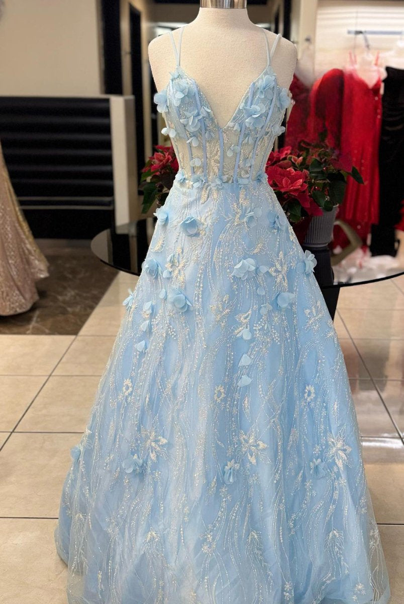 Luminea | Light Blue 3D Flower Lace V - Neck A - Line Long Prom Dress - KissProm