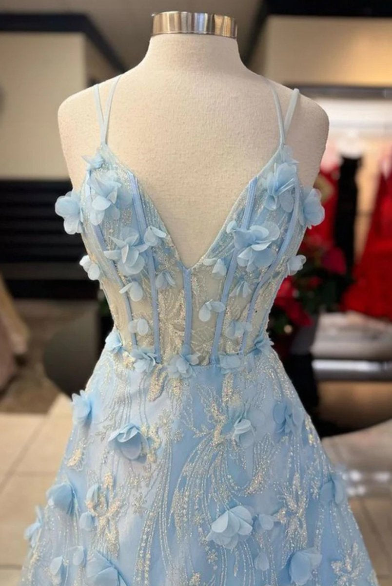 Luminea | Light Blue 3D Flower Lace V - Neck A - Line Long Prom Dress - KissProm