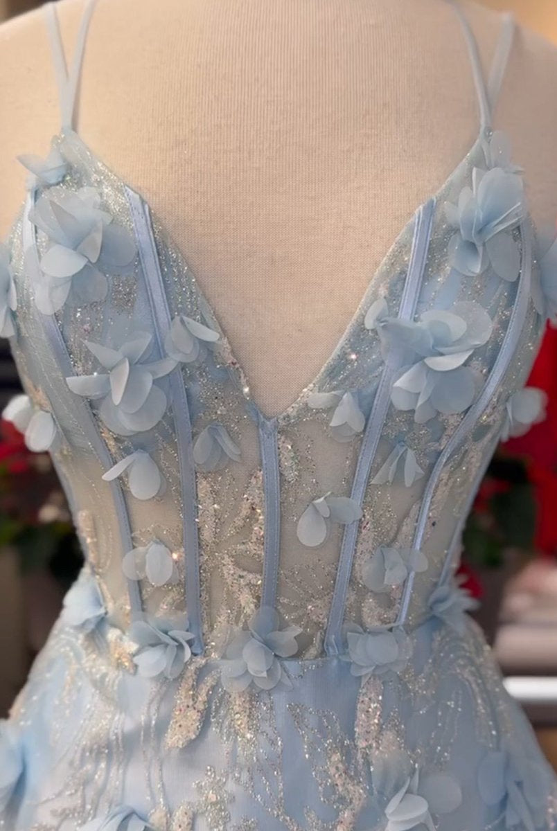 Luminea | Light Blue 3D Flower Lace V - Neck A - Line Long Prom Dress - KissProm
