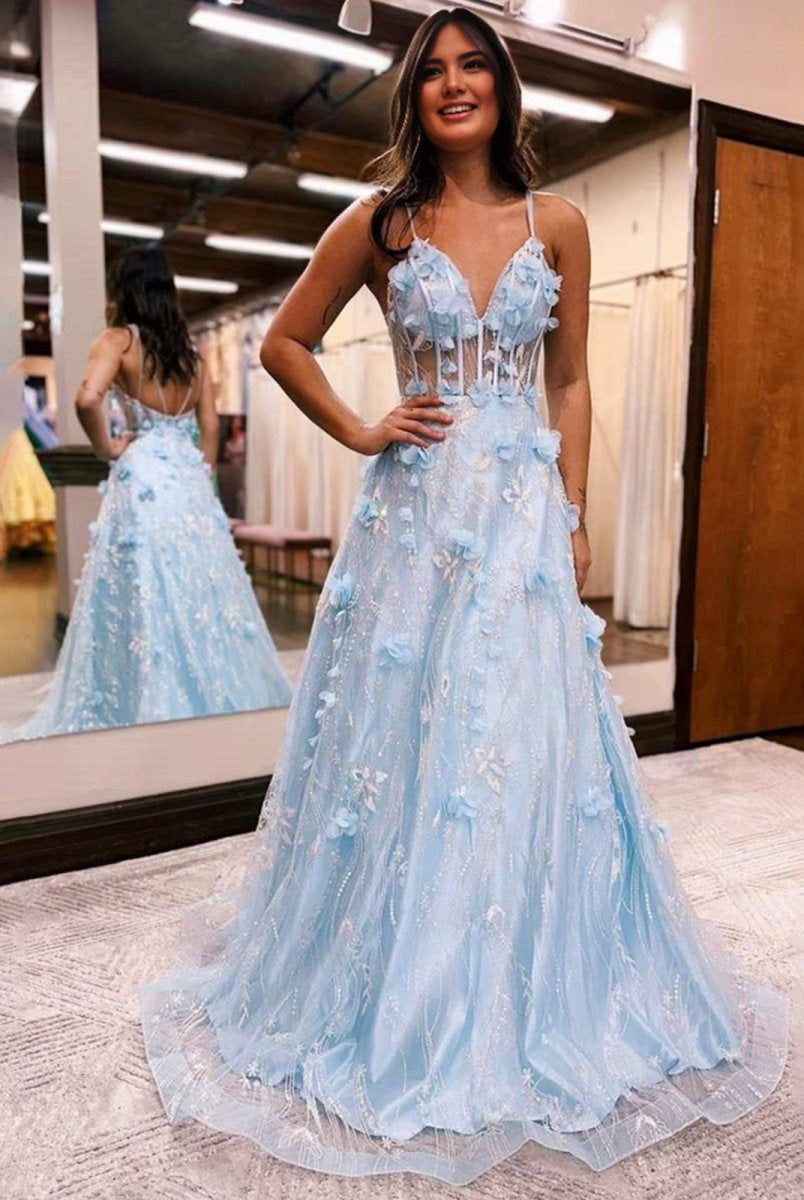 Luminea | Light Blue 3D Flower Lace V - Neck A - Line Long Prom Dress - KissProm