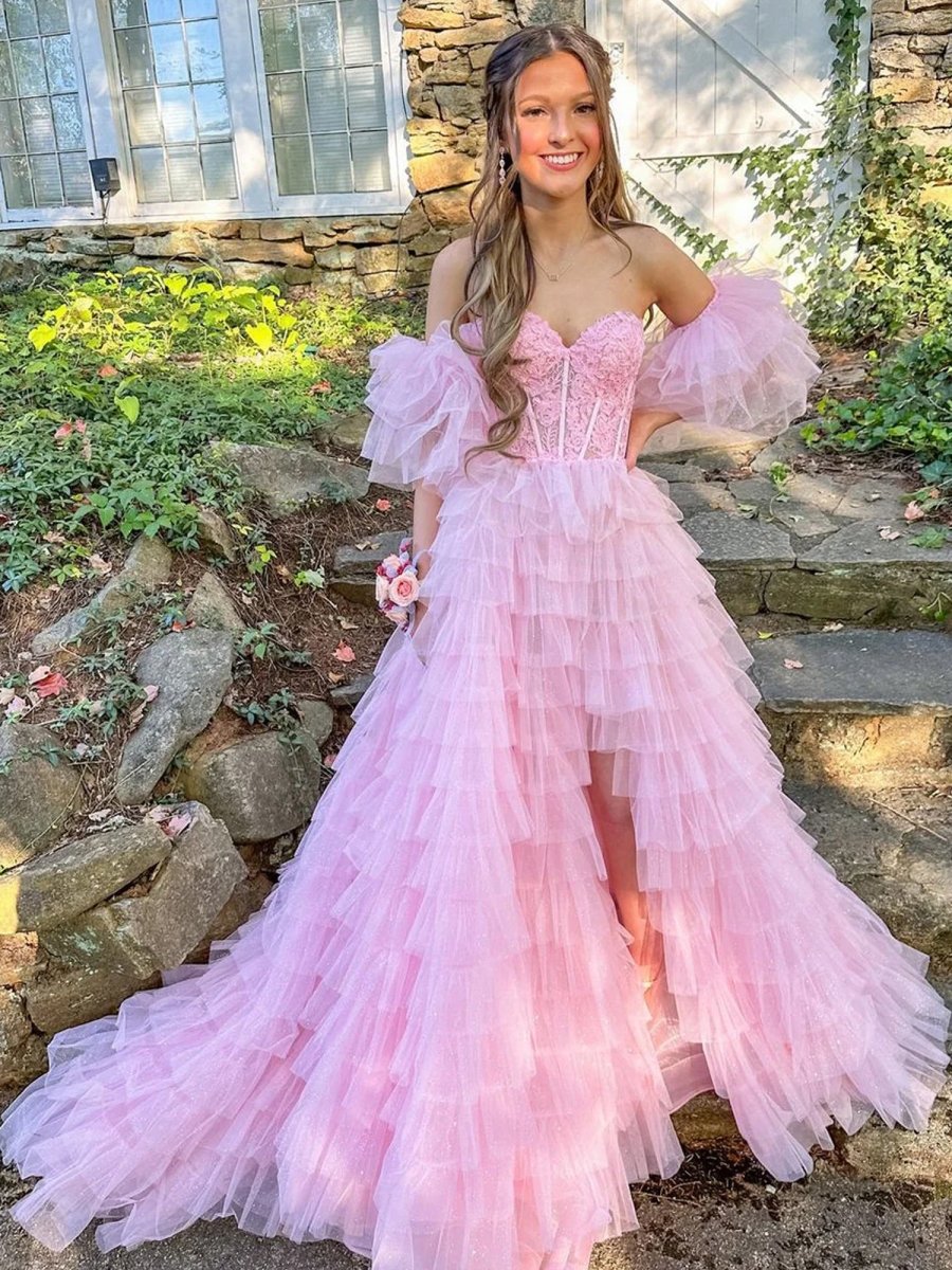 Tulle Shiny Sequin A Line Light Pink Prom Dress With Slit