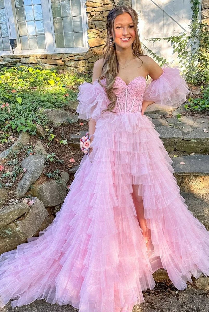 Lunaire | A Line Sweetheart Pink Tiered Tulle Prom Dress with Slit - KissProm