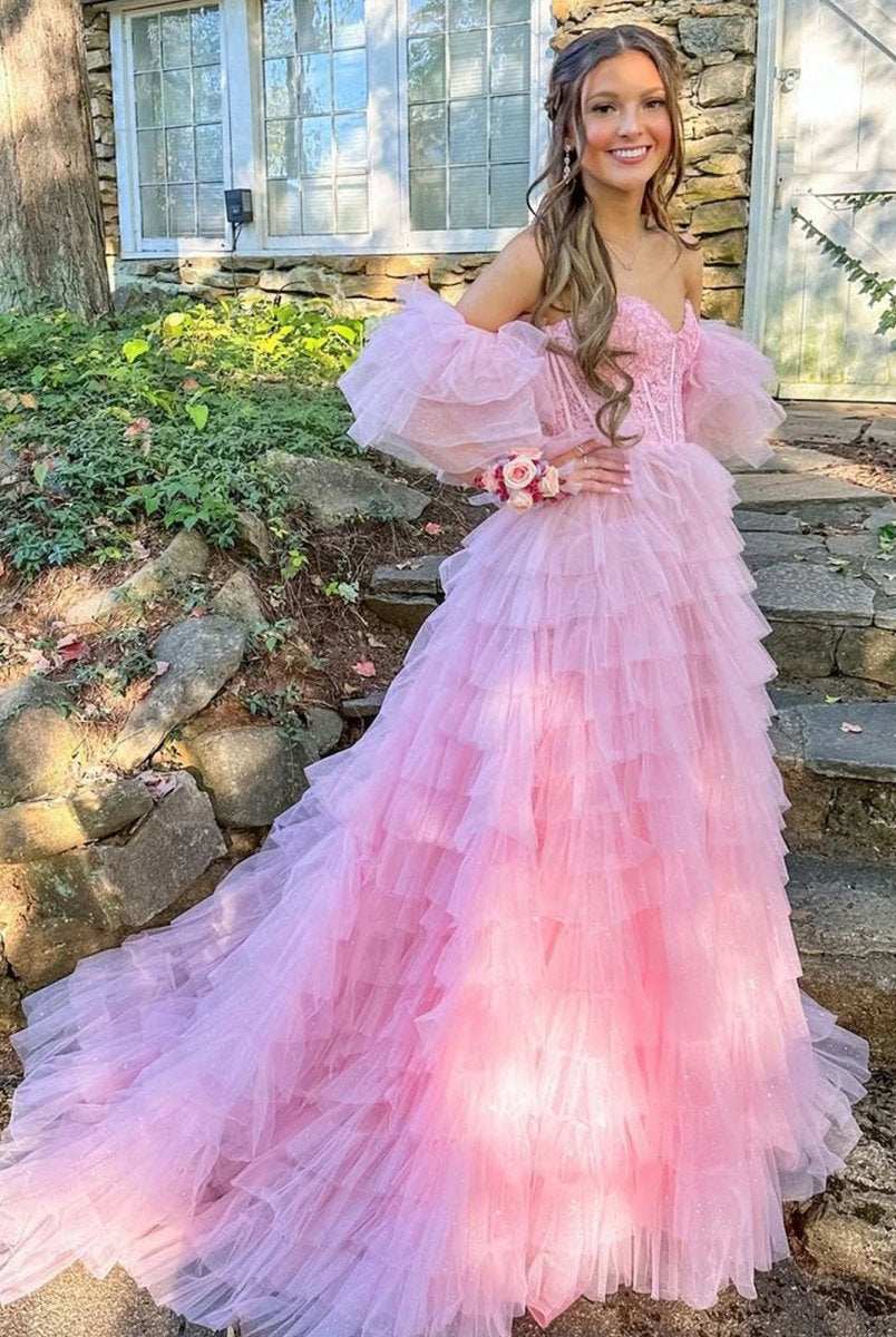 Lunaire | A Line Sweetheart Pink Tiered Tulle Prom Dress with Slit - KissProm