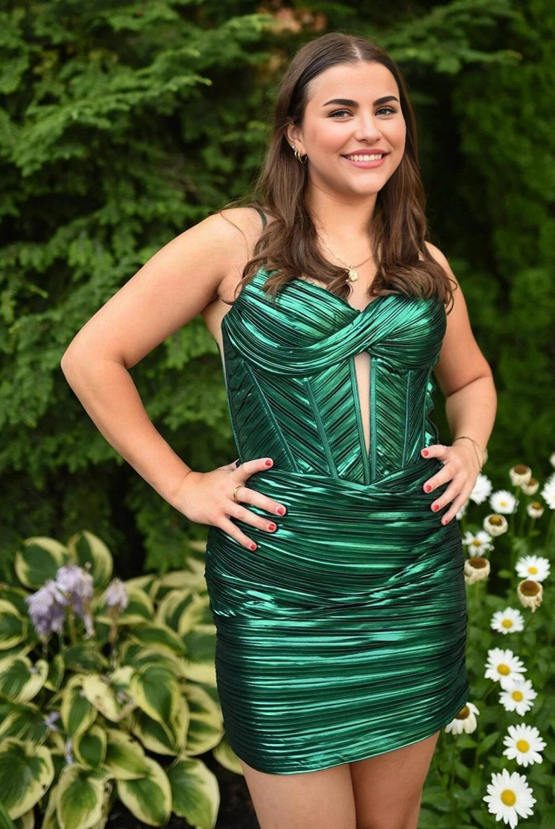 Lunaria | Emerald Green - Spaghetti Straps Bodycon Metallic Keyhole Homecoming Dress