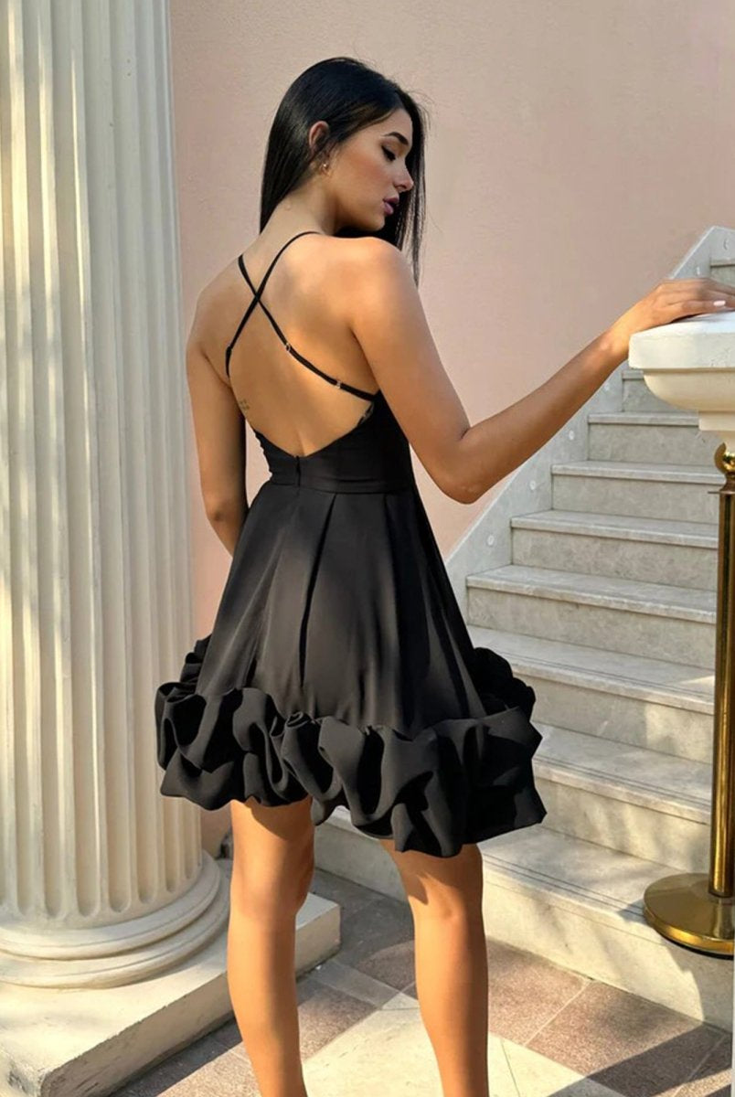 Luneth | Black - A Line Satin Scoop Neck Ruffles Short Homecoming Dresses