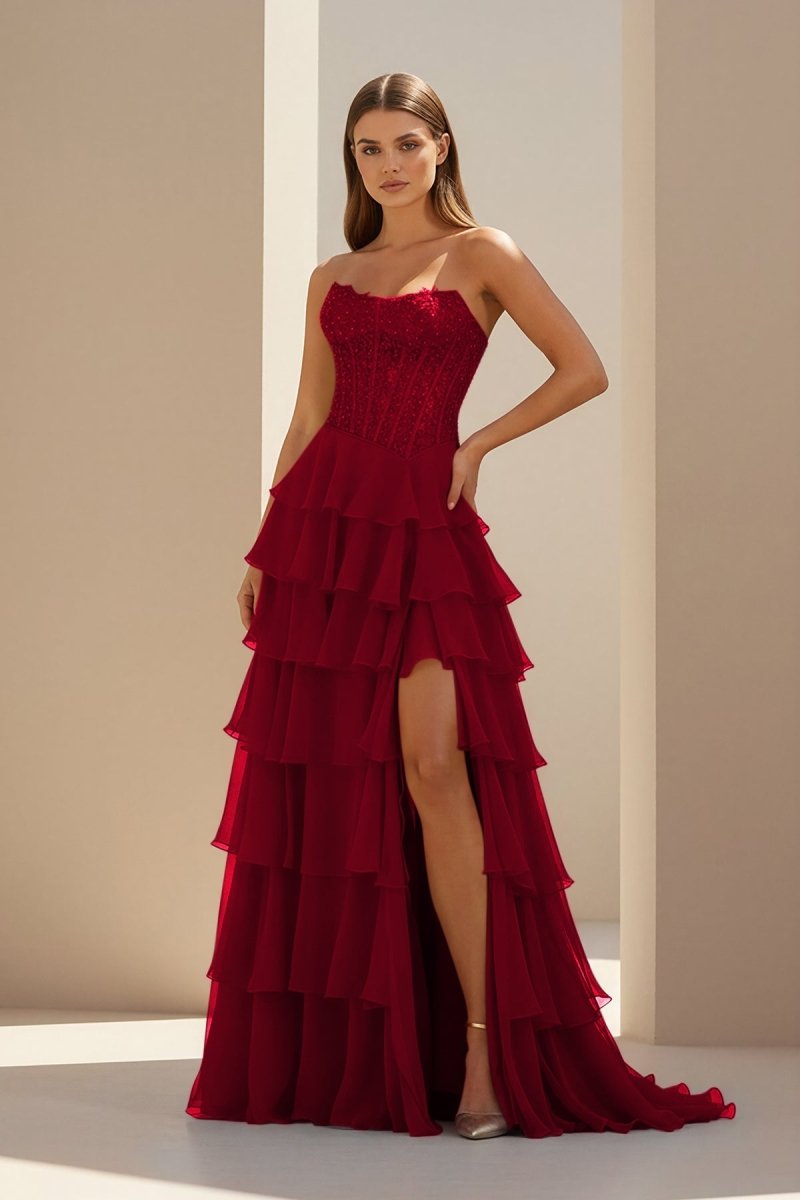 Luxie | Burgundy - Strapless Chiffon Ruffled A Line Formal Prom Dresses With Lace Appliques-KissProm