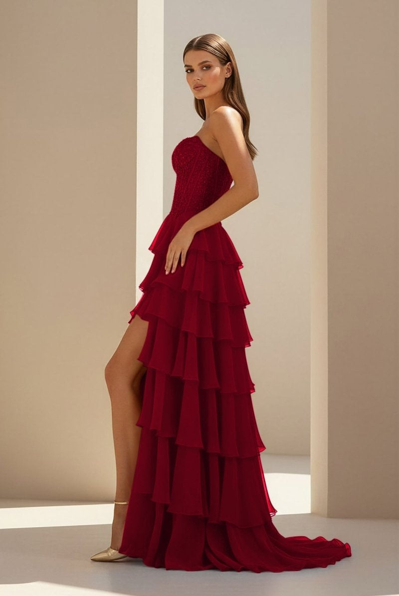 Luxie | Burgundy - Strapless Chiffon Ruffled A Line Formal Prom Dresses With Lace Appliques-KissProm
