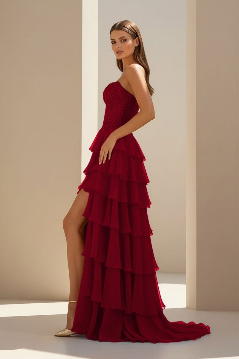 Luxie | Burgundy - Strapless Chiffon Ruffled A Line Formal Prom Dresses With Lace Appliques-KissProm