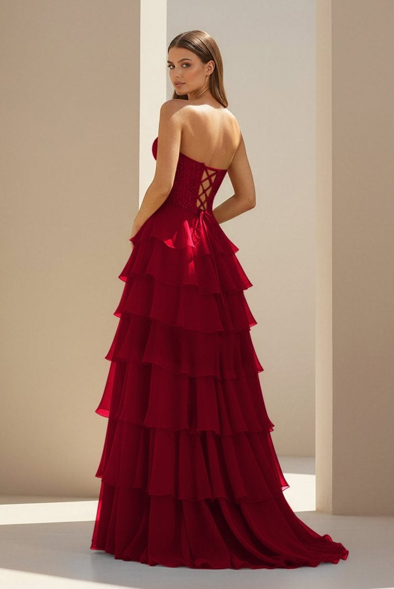 Luxie | Burgundy - Strapless Chiffon Ruffled A Line Formal Prom Dresses With Lace Appliques-KissProm