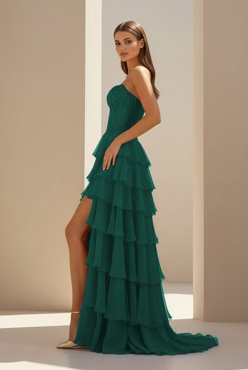 Luxie | Emerald - Strapless Chiffon Ruffled A Line Formal Prom Dresses With Lace Appliques-KissProm