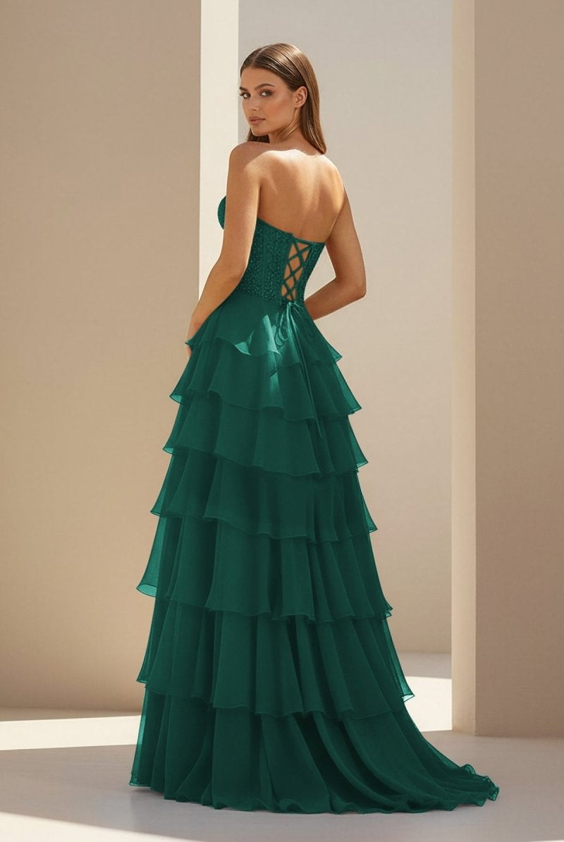 Luxie | Emerald - Strapless Chiffon Ruffled A Line Formal Prom Dresses With Lace Appliques-KissProm