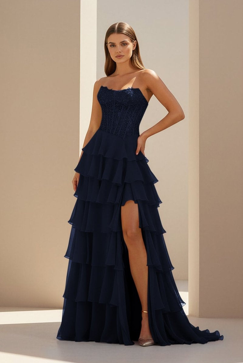 Luxie | Navy Blue - Strapless Chiffon Ruffled A Line Formal Prom Dresses With Lace Appliques-KissProm