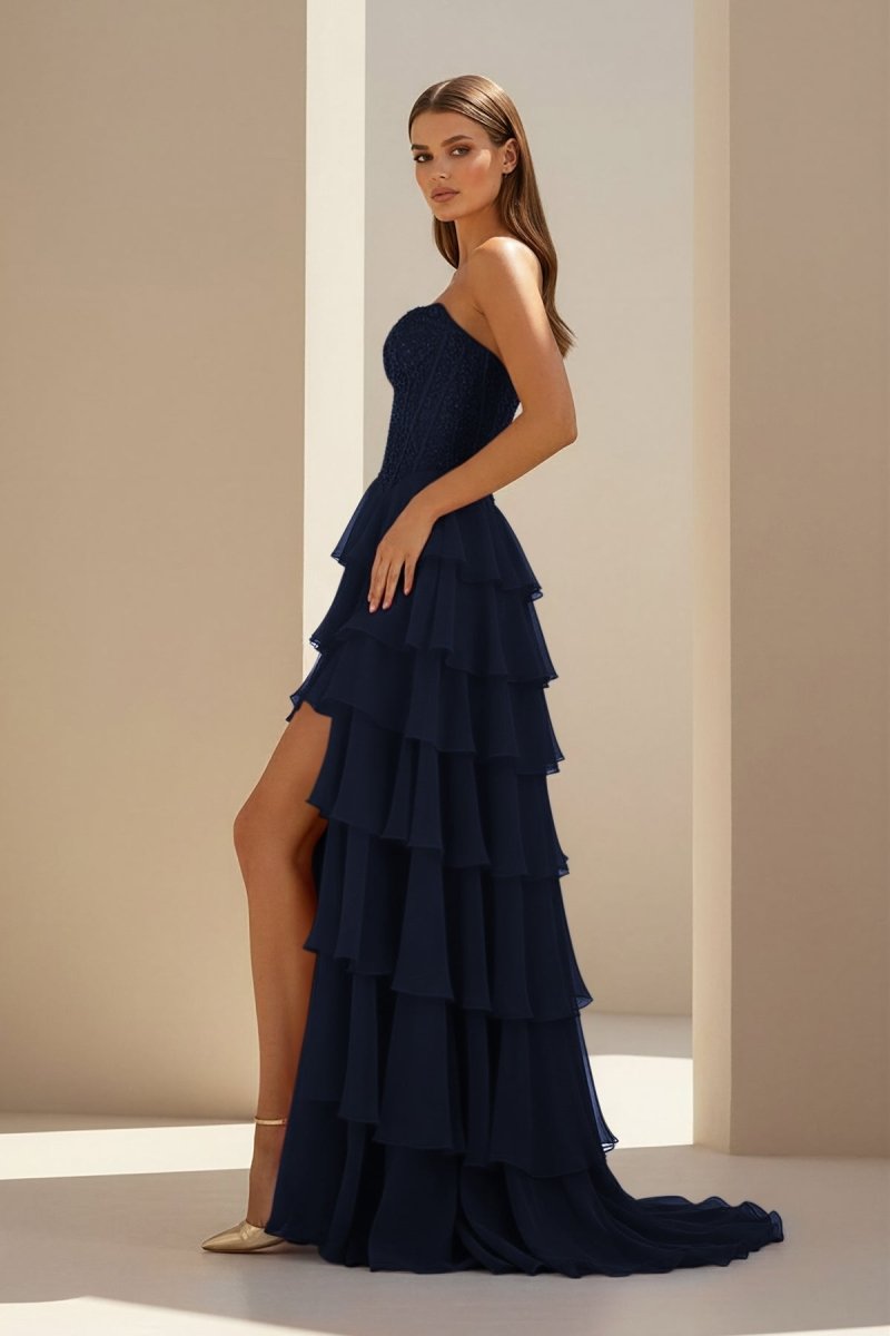 Luxie | Navy Blue - Strapless Chiffon Ruffled A Line Formal Prom Dresses With Lace Appliques-KissProm