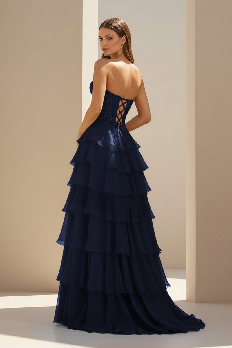 Luxie | Navy Blue - Strapless Chiffon Ruffled A Line Formal Prom Dresses With Lace Appliques-KissProm