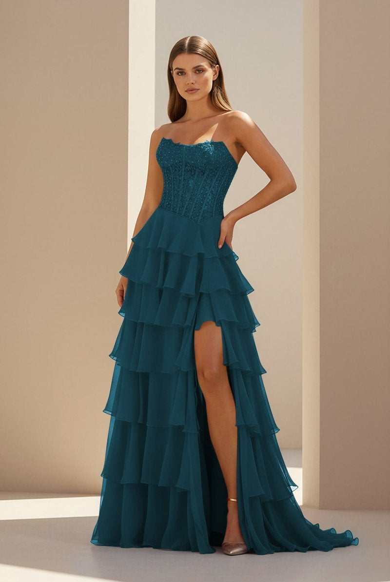 Luxie | Peacock - Strapless Chiffon Ruffled A Line Formal Prom Dresses With Lace Appliques-KissProm