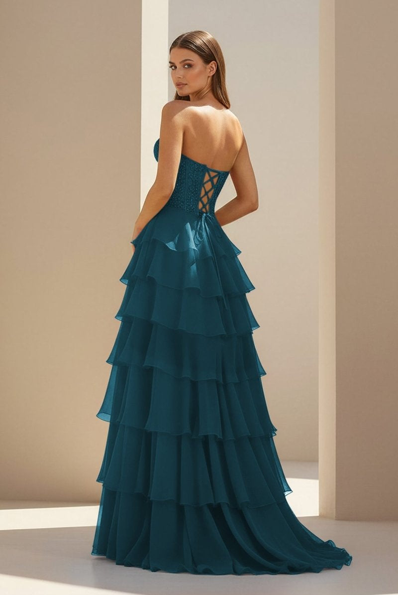 Luxie | Peacock - Strapless Chiffon Ruffled A Line Formal Prom Dresses With Lace Appliques-KissProm